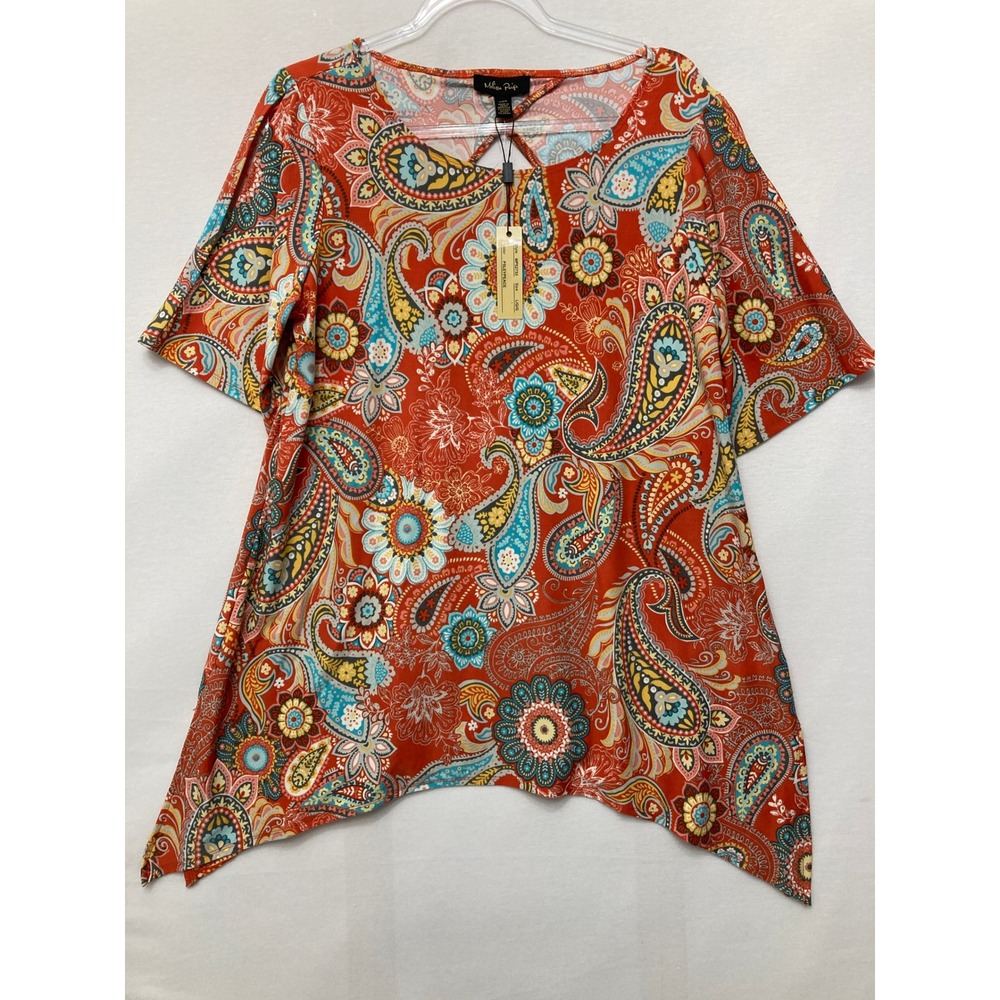 NWT Melissa Paige Tunic Size Large Orange Paisley Sharkbite Hem Cutout Boho